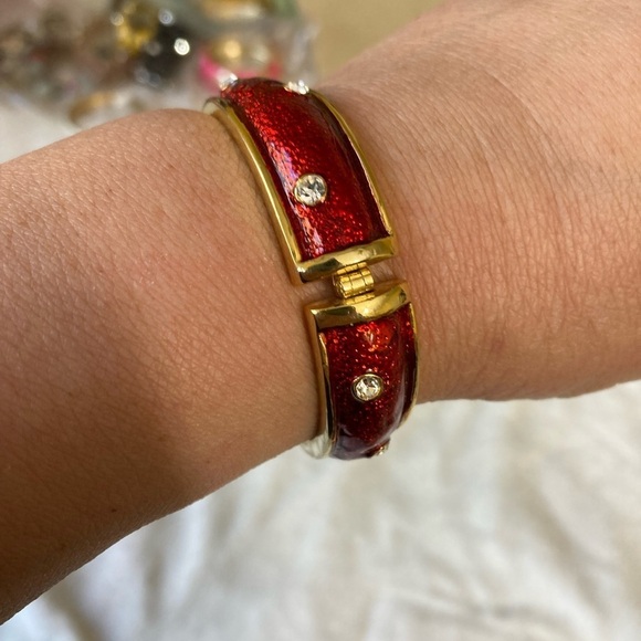 Red Enamel with Rhinestones‎ Hinged w/ Push Clasp Bracelet - Picture 5 of 7